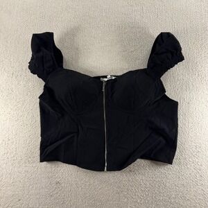 Madden NYC Corset Crop Top Women 3XL Black Stretch Smocked Puff Sleeve Front Zip